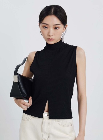 半高領坑條無袖上衣