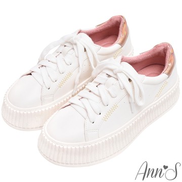 Ann’S餅乾厚底小白鞋!雷射光綁帶休閒鞋4cm-玫瑰金