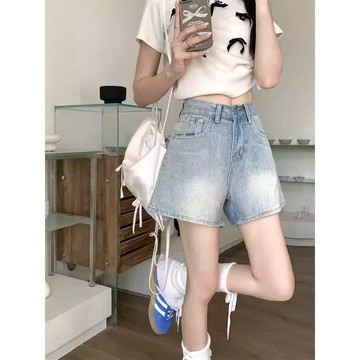 S-3XL 大尺碼美式高腰顯瘦闊腿牛仔短褲女春季設計感毛邊貼皮a字直筒熱褲