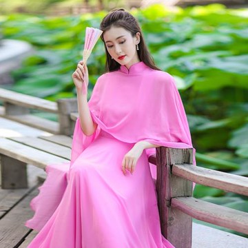 2025春秋新款中國風立領披風式仙氣禪意茶服假兩件連衣裙飄逸長裙