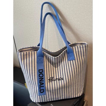 夏季條紋帆布包包女2025新款大容量上課手提袋韓系單肩通勤托特包