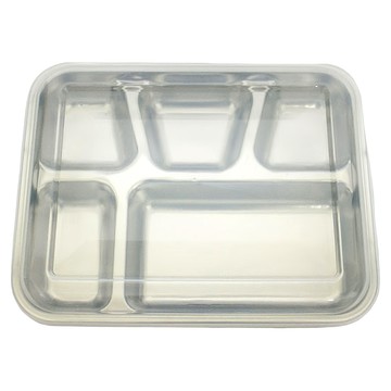 SUNB.W 秦博士 304不鏽鋼五格餐盤 附蓋 SPL2318C 加深餐格 食物分開裝 防塵更衛生 可層層收納  23.5 x 18.5 x 4cm 300g  銀色 + 透明色  1個