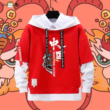 醒獅虎年新年本命年中國風愛國假兩件連帽衛衣男女兒童裝學生外套