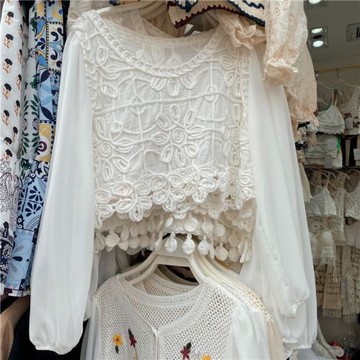 超仙的短款上衣女夏雪紡長袖沙灘度假風搭配針織鉤花寬松洋氣小衫