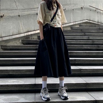 棉麻半身裙工裝A字仙女超仙森系日系中長款學生jk黑色長裙子秋冬