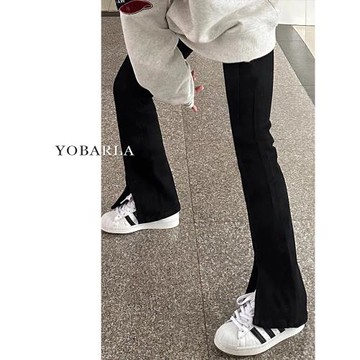 黑色開叉微喇牛仔褲女秋季新款大碼胖mm高腰顯瘦梨形身材彈力褲子