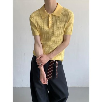 權一夏季麻花針織翻領polo衫男高級感短袖T恤韓版慵懶ins半袖潮女