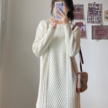 復古高端氣質加厚麻花長裙子2021秋冬女裝洋氣減齡直筒針織連衣裙