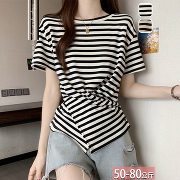 圓領橫條紋交叉雙釦落肩袖上衣(2色) L-4XL【025365X】【現+預】☆流行前線☆