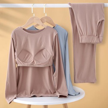 帶胸墊睡衣女春秋季2026新款莫代爾全棉長袖免文胸秋衣家居服套裝