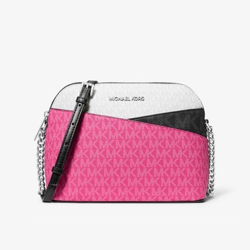 【Michael Kors】撞色滿版LOGO造型斜背包-桃白撞色