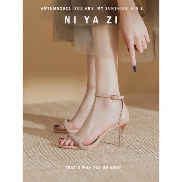 一字扣帶高跟鞋女水鉆2024年夏季新款露趾氣質香檳色細跟涼鞋8cm