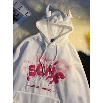 BOO原創復古冬季印花惡魔帶角甜酷男生加絨加厚連帽衛衣情侶裝ins