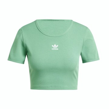 Adidas ESS RIB Tee IY9665 女 短版 短袖 上衣 休閒 三葉草 修身 羅紋 棉質 綠