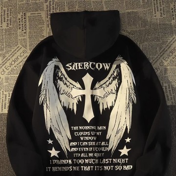 【衣時尚】情侶春秋連帽衛衣 美式高街嘻哈衛衣 十字架翅膀印花連帽衛衣男 潮牌寬鬆外套女春秋 炫酷高街外套