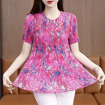 【韓國K.W.-歐美】KSN3174韓國嬌媚可愛三宅風壓褶上衣(褶皺/中大尺碼/修身/輕薄/小香風)