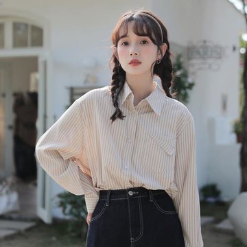 2025春洋氣小衫減齡港味ins上衣氣質條紋襯衣簡約設計感口袋襯衫