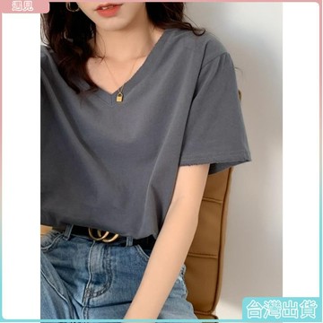 台灣熱銷🍓潮牌夏季V領短袖T恤女純棉新款韓版寬鬆白色上衣設計感小眾韓國女裝設計感女裝上衣t恤女專櫃女裝韓風女裝
