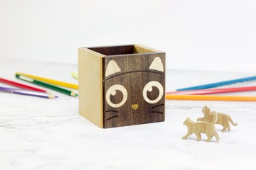 貓咪胡桃木拚木鑲嵌筆筒/ 筆架-收納盒 / 客製化/ 接單訂製