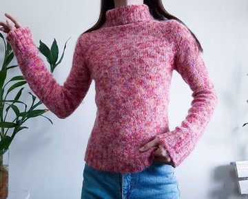 復古粉紅馬海毛套頭毛衣小高領粉紅紅色橘色 M 號