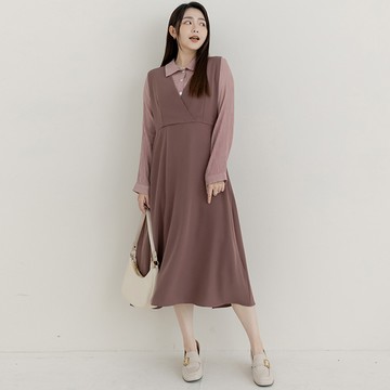 MISS.韓系假兩件拼接皺皺綁帶洋裝 中大尺碼洋裝