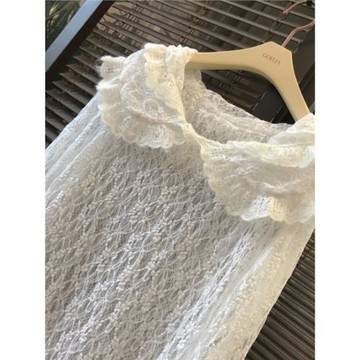 2024秋冬洋氣雙層娃娃領蕾絲打底衫百搭長袖可愛網紗花邊內搭上衣