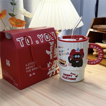 黑貓吸管杯子馬克杯高顏值水杯女可愛家用辦公室咖啡早餐杯陶瓷杯