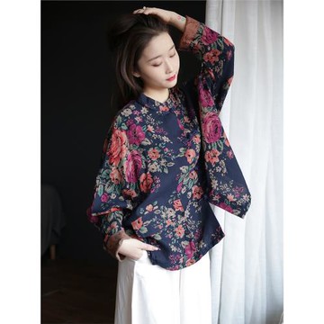 2025春季棉麻襯衫女文藝復古棉紗印花寬松大碼中式民族風襯衣外套