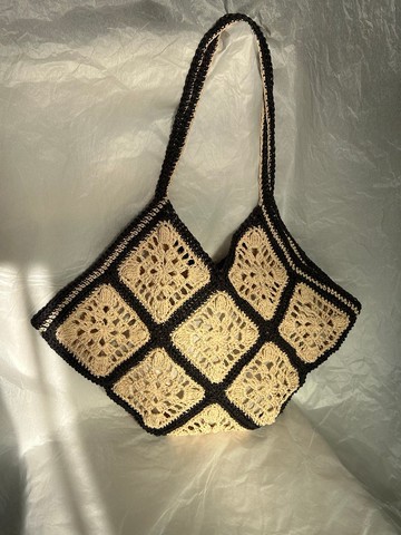 手工草編包 撞色花樣拼接格子祖母包 度假 海灘