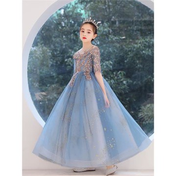 女童晚禮服兒童公主裙小孩花童婚紗生日走秀主持人鋼琴演出服輕奢