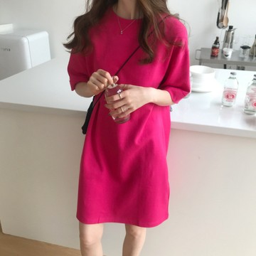 🎈 玫紅色短袖T恤女新款歐貨寬鬆顯瘦簡約炸街純棉半袖連衣裙7357