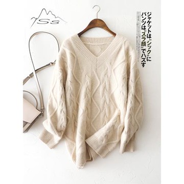 Oversize寬松氣質感~羊絨衫女v領顯瘦加厚復古針織扭花山羊絨毛衣