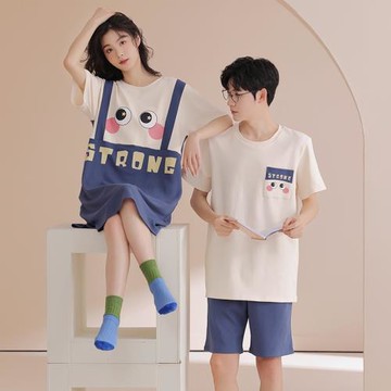 情侶睡衣女夏季純棉短袖睡裙薄款寬松大碼可愛甜美全棉男士家居服