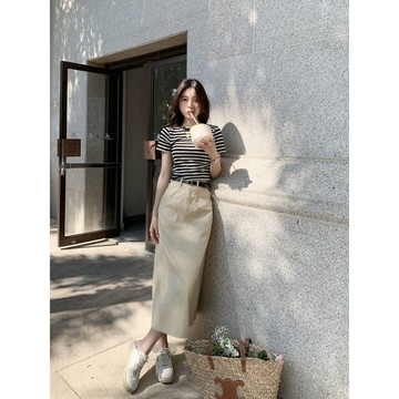 小衆設計 夏季 百搭夏季新款港味韓係條紋短袖T恤女+中長款顯瘦高腰半身裙時尚兩件套1