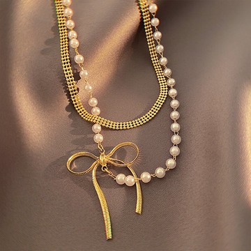 珍珠蝴蝶結項鏈女雙層仙氣輕奢小眾設計鎖骨鏈年新款輕奢頸鏈