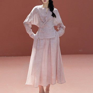 【巴黎精品】現貨+預購 長袖套裝兩件式裙裝-亞麻襯衫輕盈傘裙女裝a1gq13