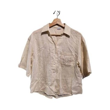 【二手精品 9.9成新】LOEWE 羅意鏤空刺繡 Anagram 徽標亞麻棉質短袖襯衫 編號L519