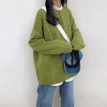 半開圓領毛衣女新款寬松外穿秋冬韓版慵懶風套頭針織衫上衣潮1入