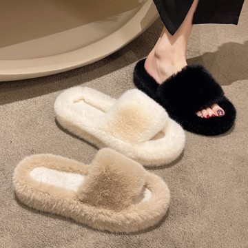 【35-41全尺碼】居家外出兩穿．日系素面一字帶毛毛厚底拖鞋．白鳥麗子