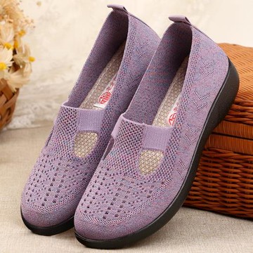 2024款夏季透氣鏤空飛織網鞋老北京奶奶鞋軟底女涼鞋舒適媽媽布鞋