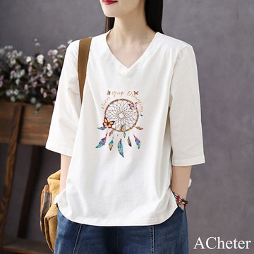 【ACheter】棉V領七分袖百搭印花文藝大碼雞心領T恤短版上衣# 122198(現貨+預購)