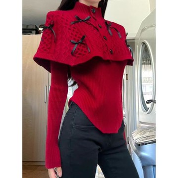 跨年新年紅色斗篷披肩毛衣女秋冬季高級感內搭針織衫上衣兩件套裝
