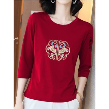 2025春秋季新款顯瘦時尚洋氣中國風純棉t恤中式印花上衣女體恤衫