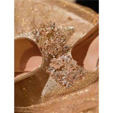 婚鞋秀禾婚紗兩穿水晶鞋新娘鞋女香檳色高跟鞋不累腳水鉆2025新款