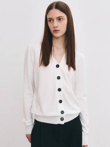 Minimal V Neck Butterfly Embroidered Cardigan [Beige]