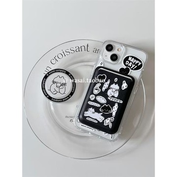 WASAI哇噻 韓國ins小眾可愛貓咪涂鴉插畫磁吸支架卡包適用iphone16蘋果14手機殼15promax新款透明亞克力13/12