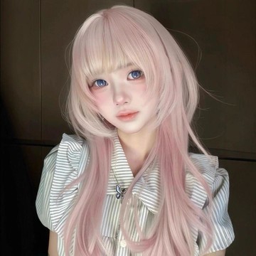 ✨臺灣出貨✨【粉色水母】假髮女齊劉海長直髮水母頭淡粉色修飾臉型自然全頭套