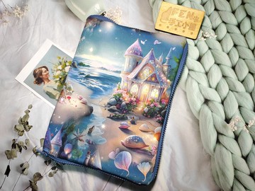 風景系列-高品質薄棉布料寫真海邊貝殼屋拉鍊書衣-A5書高21公分--