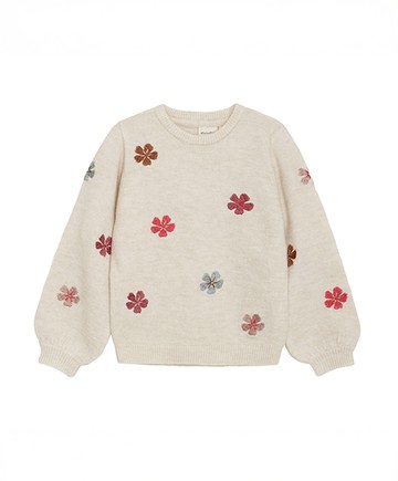 刺繡花朵米色長袖針織上衣92cm