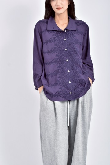 (M) diffa亞麻刺繡藍色長袖上衣